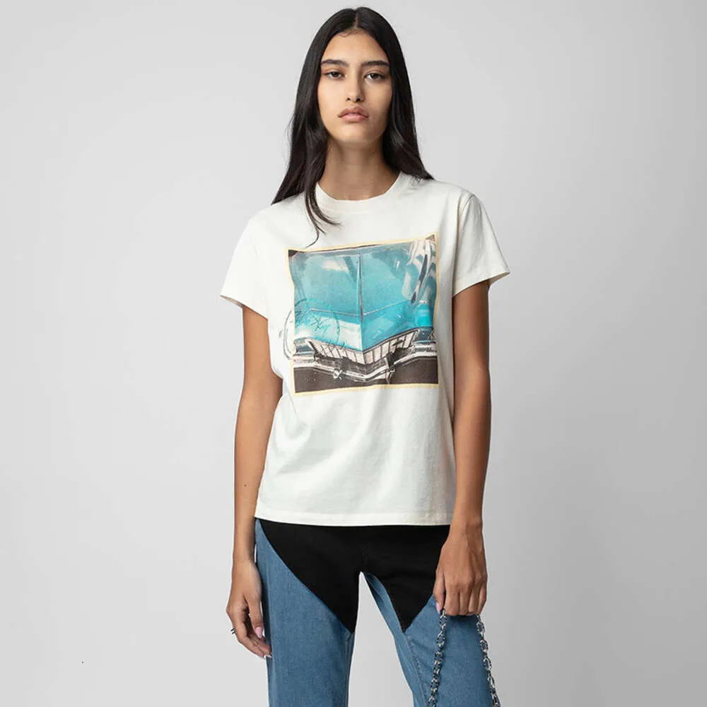 24SS Français Zadig Voltaire T-shirts de voiture bleue Encre blanche Impression numérique Hot Diamond Zv Designer T-shirts Abricot Femmes T-shirts à manches courtes Tops Polos