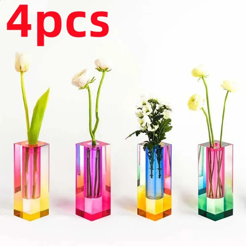 Vasi 4 PZ Moderno Arcobaleno Pilastro Bud Vaso Acrilico Tavolo Vasi di Vetro Decorativo di Lusso Contenitore di Fiori di Cristallo Nordic Room Home Decor 231116