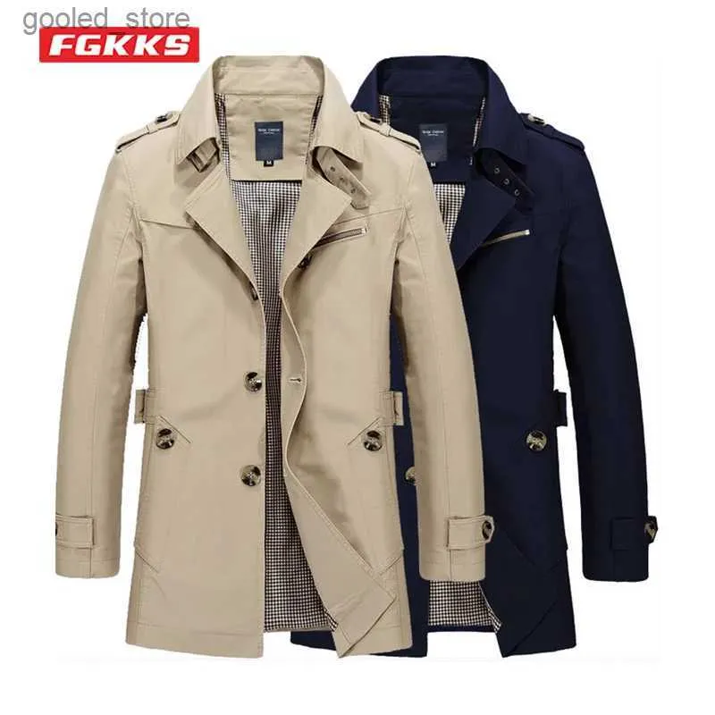 Casacos de Trench Masculinos FGKKS Primavera Outono Moda Masculina Trench Coat Slim Fit Algodão Longo Blusão Sobretudo Business Casual Trench Jacket Masculino Q231118