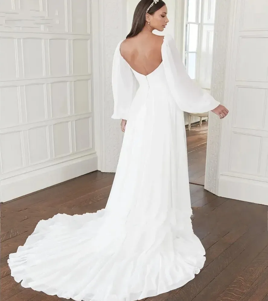 chinese dress ladies White Square Neck Puff-Sleeve Midi Dress – trinarosh