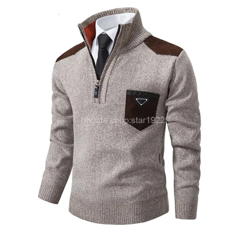 P-ra Fashion Designers Men's Knitted Sweaters Chest Pocket Triangs Decoration Long Sleeve Sweater Stand Collar Plus Velvet Thickened Pullover Shirt Sweater