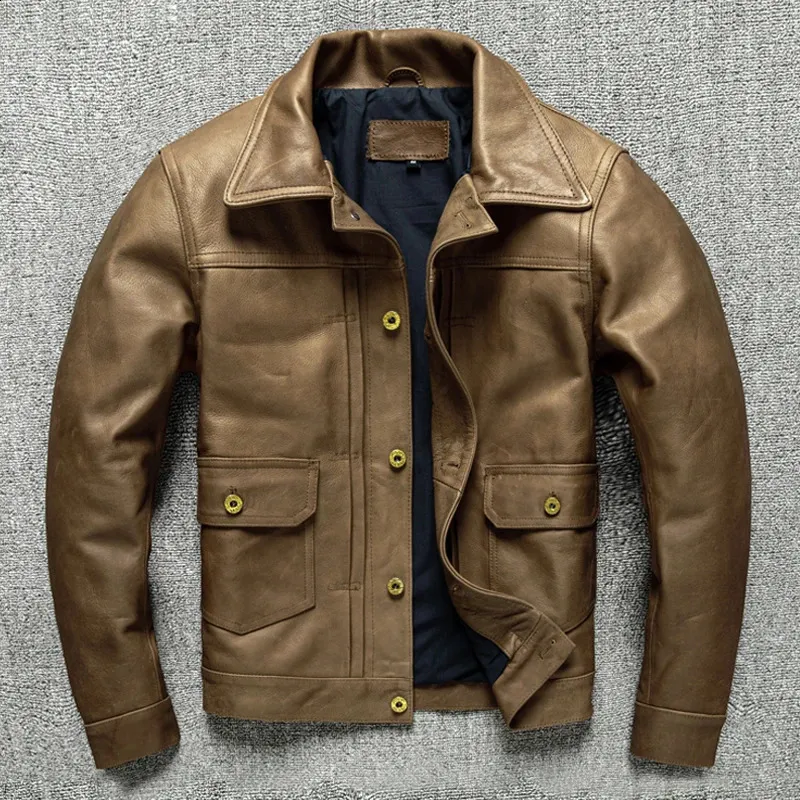 Vintage Leather Vintage Jackets Men Yellow Brown Cowhide Casual Cow Coat For Spring And Autumn Tooled Real Cow Design Style 506 231116 From Youngstore04 139.18 DHgate.Com