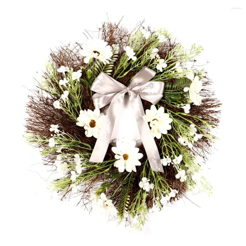 Decorative Flowers 40cm Rattan Circle Handmade Artificial Flower Ribbon Bow Wreath Cosmos Sun Garland Hanging Ornaments Home Decorations