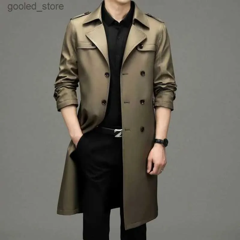 Herrgravrockar varumärke Business Men's Windbreaker 2023 Autumn Högkvalitativ Khaki Navy Black Double Breasted Trench Coat Fashion Male New Clothing Q231118