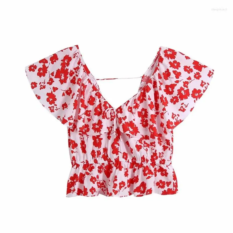 Women's Blouses Girls Cute Red Print Elastic Short Tops 2023 Leer Vrouw Elegant V Nek Bloemen Woman Chic Backless Ruffles Top