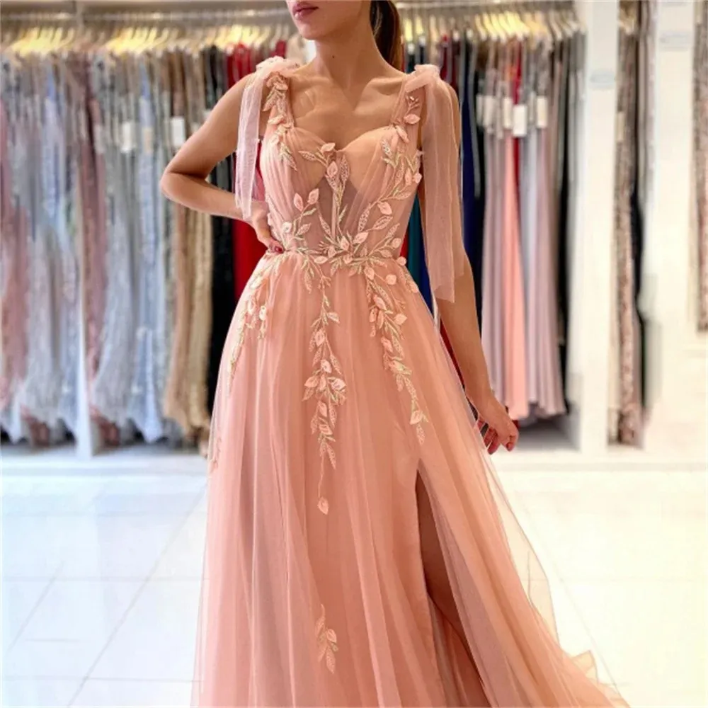 Vestido de noite com alça espaguete, vestido de baile rosa coral, vestido de noite de renda com divisão alta