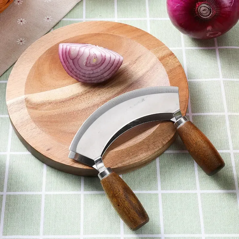 Set da 2 coltelli Mezzaluna in acciaio inox e tagliere in legno - Coltello a doppia lama per tritare pizza, insalata e tritare - Utensile da cucina senza sforzo