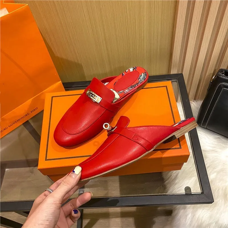 Designer Mules Slippers Women Loafers Genuine Leather Sandals luxurious Casual Shoes Horsebit half drag Princetown Metal Chain Shoe cowhide Slipper