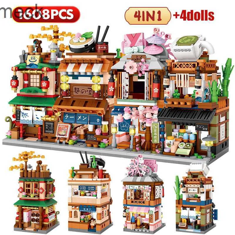 Blocchi Mini City Street View Noodle Shop House Building Blocks 4 in 1 Architettura giapponese Amici Figure Mattoni Giocattoli per bambini