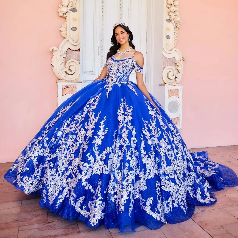 Mexicano azul real brilhante quinceanera vestidos de baile frisado rendas apliques doce 16 vestido princesa rendas até 15 anos