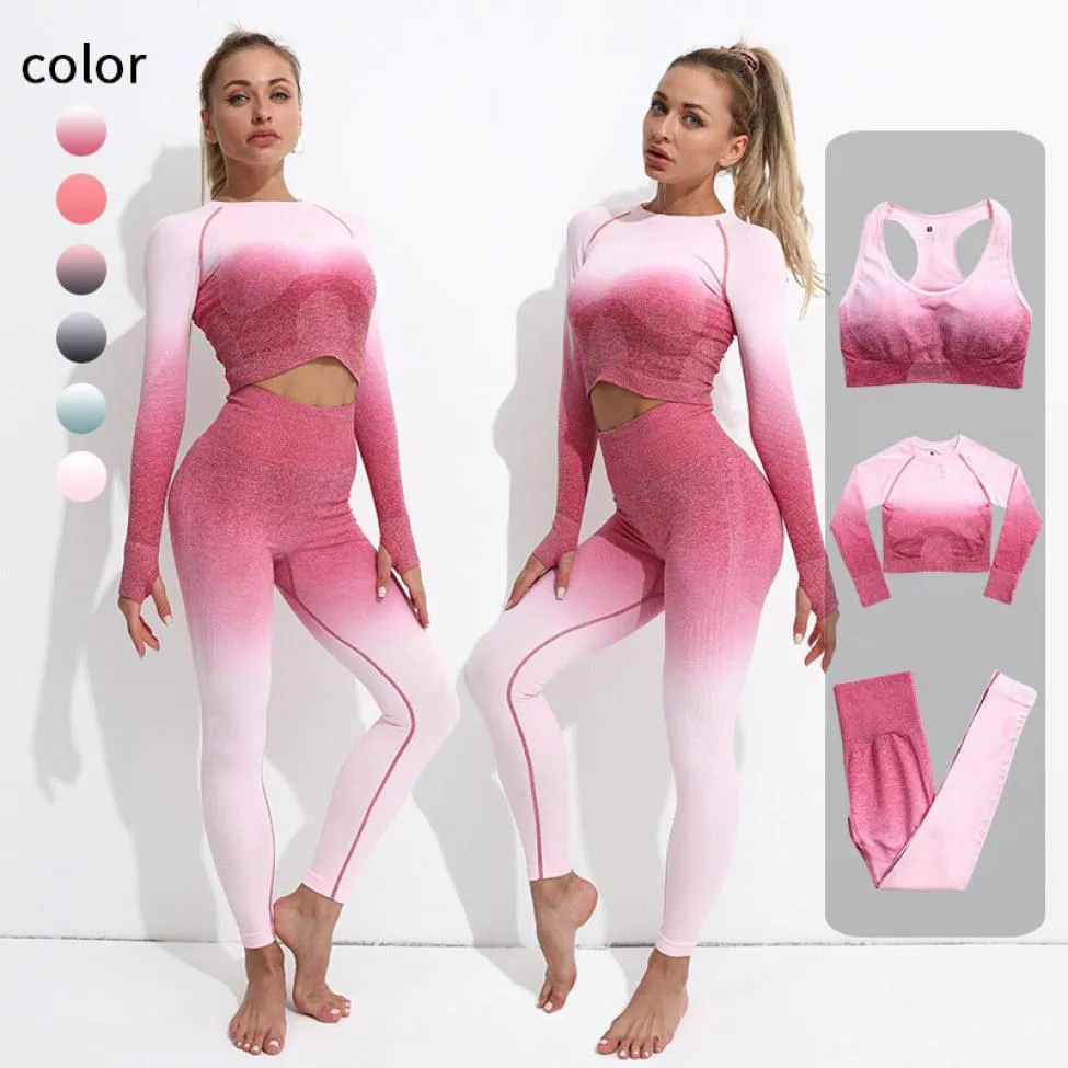 Women Seamless Yoga Outfits Fitness Clothing Gradient Sports Bra Gym Suits Long Sleeve Crop Top Shirts High Waist Running Leggings4816329