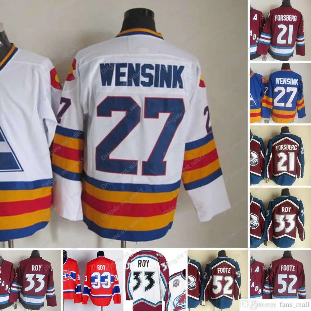 Film CCM Vintage Eishockey''nHl'' 21 Peter Forsberg Trikots genäht 27 John Wensink 33 Patrick Roy 52 Adam Foote Trikot Blau Rot Weiß Herren