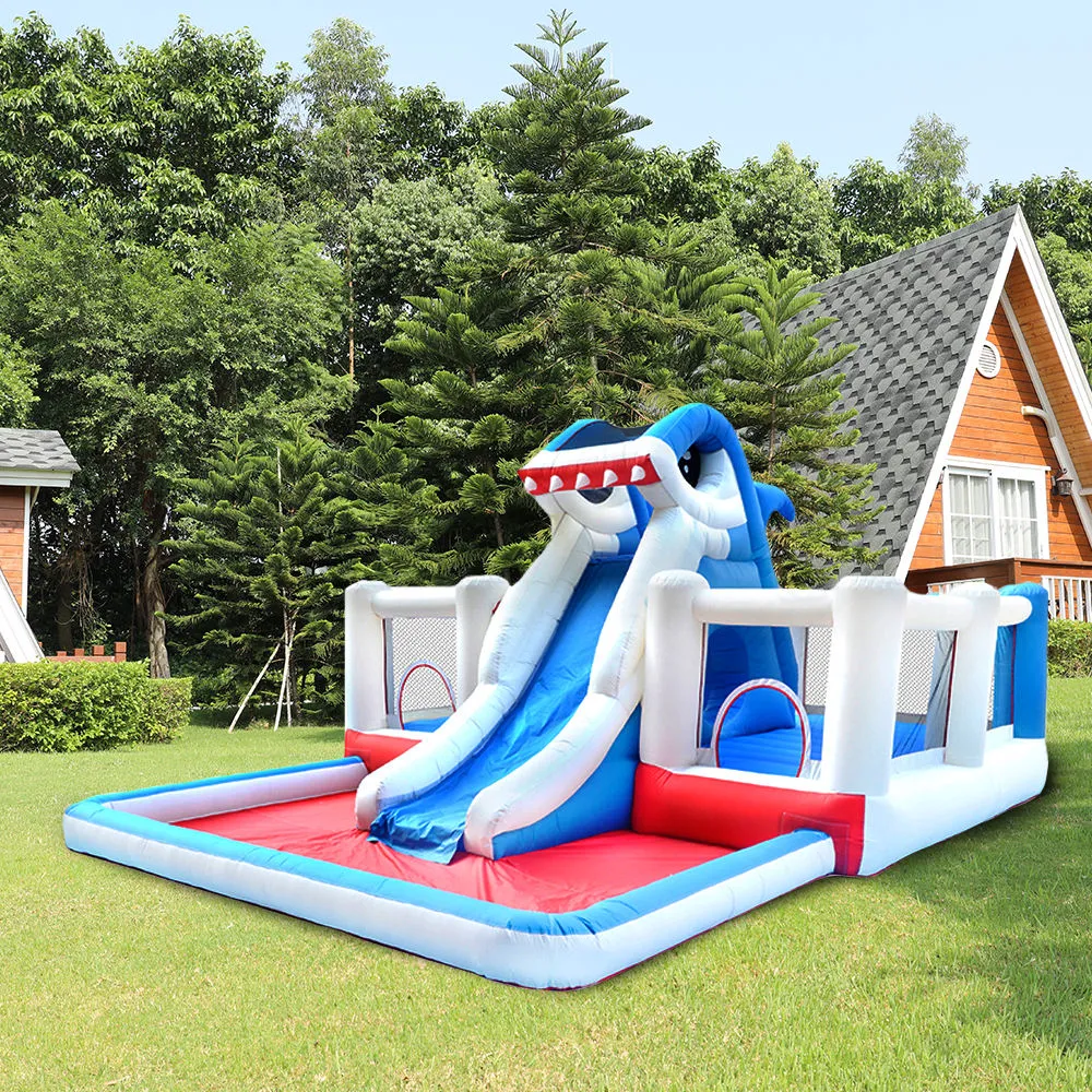 Water Park Bounce House with Slide Pool Inflatable Shark Slide Park for Children Backyard Outdoor Play Fun in Garden Toys Small Gifts Birthday Party Toys Playhouse