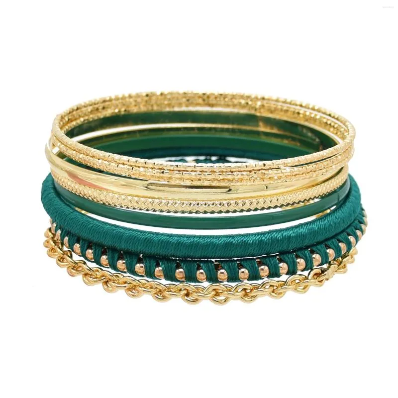 Bangle 9 PCS/Set Gold Plated Fine Ring Green Thread Wrapped Armband för kvinnor Fashion Bohemian African Metal Smyckesuppsättningar