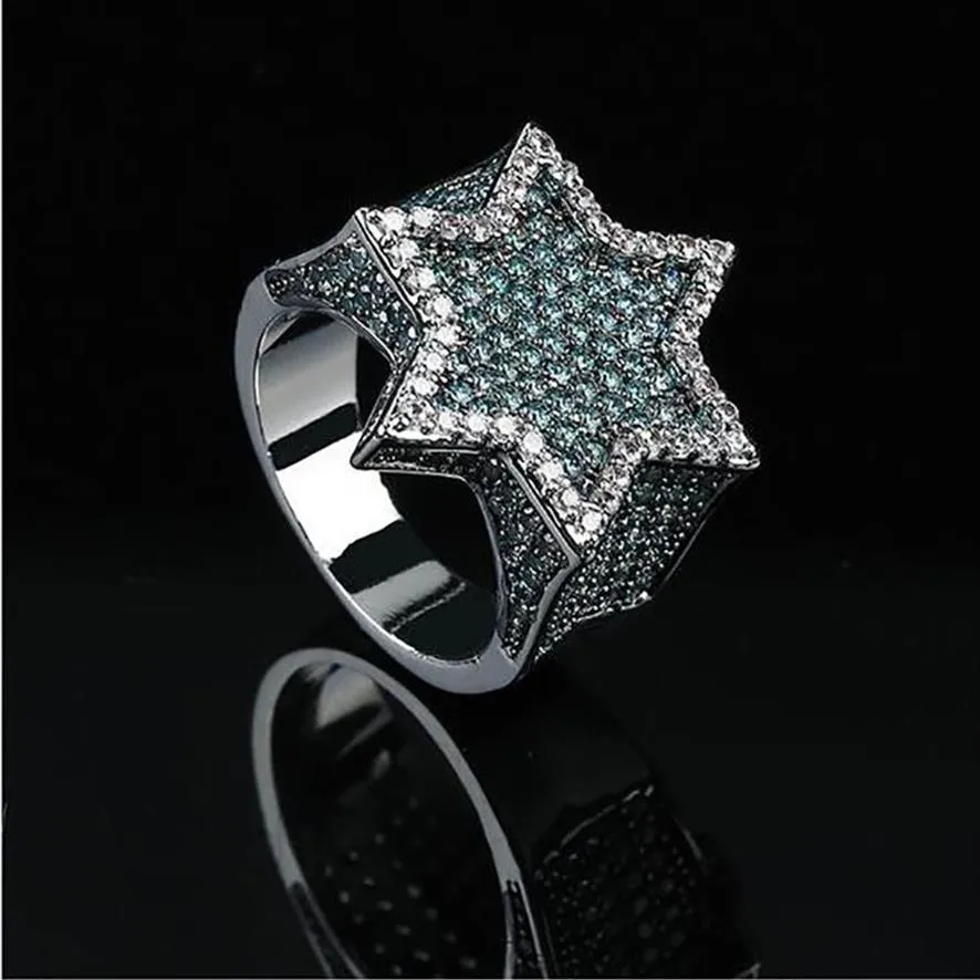 Bague Super Star verte CZ Bling, Micro pavé de zircone cubique, diamants simulés, bagues Hip hop taille #7-taille #11286x