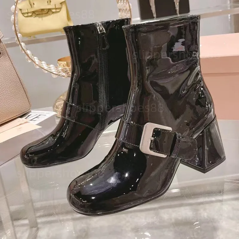 fashion boots booties designer women patent leather block heel ankle short Boots kitten heel Booties black white chunky kitten heel boots comfy dress shoes