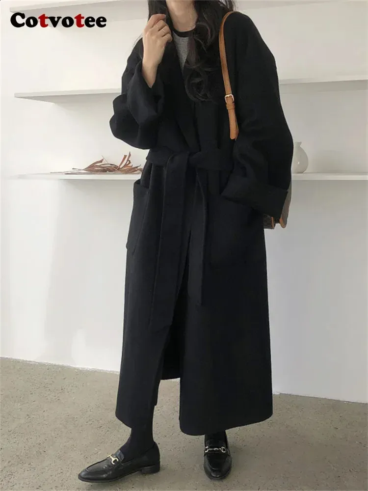 Wooling Blends Cotvotee Black Coats for Women Autumn Winter 2023 Modna koronka w górę Turn Collar Coat Casual Long Rleeve Chicka 231116