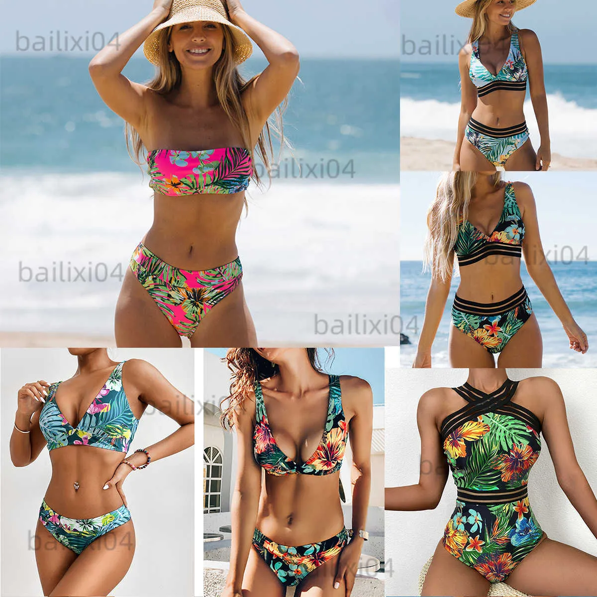 2022 New High Waist Leaf Printed Bikini Set Two Piece Swimsuit Women  Beachwear Swimwear Bathing Suit