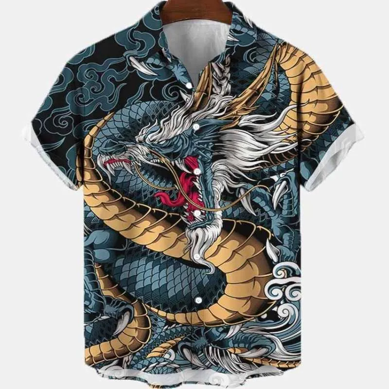 Chemises décontractées pour hommes Hommes Summer Dragon Pattern Element Street Comes Skeleton Luxe Floral Social Casual Masculina Haiian Chemise à manches courtes J230417