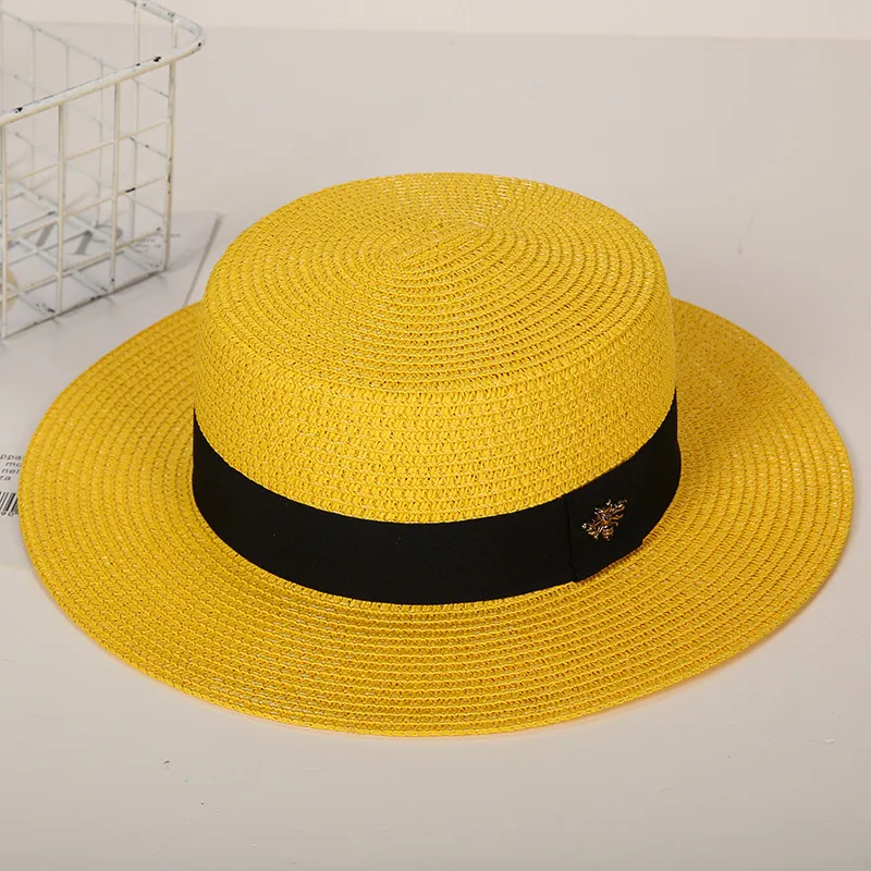 Sombrero clásico de paja de abeja, sombrero de bombín tejido dorado Retro europeo, ala ancha para mujer, sombrilla de protección solar, gorra plana