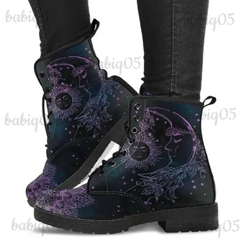 Stivali 2021 Stivaletti da donna Scarpe con tacco basso Donna Vintage Pu Leather Autunno caldo inverno Stivali da neve alti Moto Skull Pansy T231117