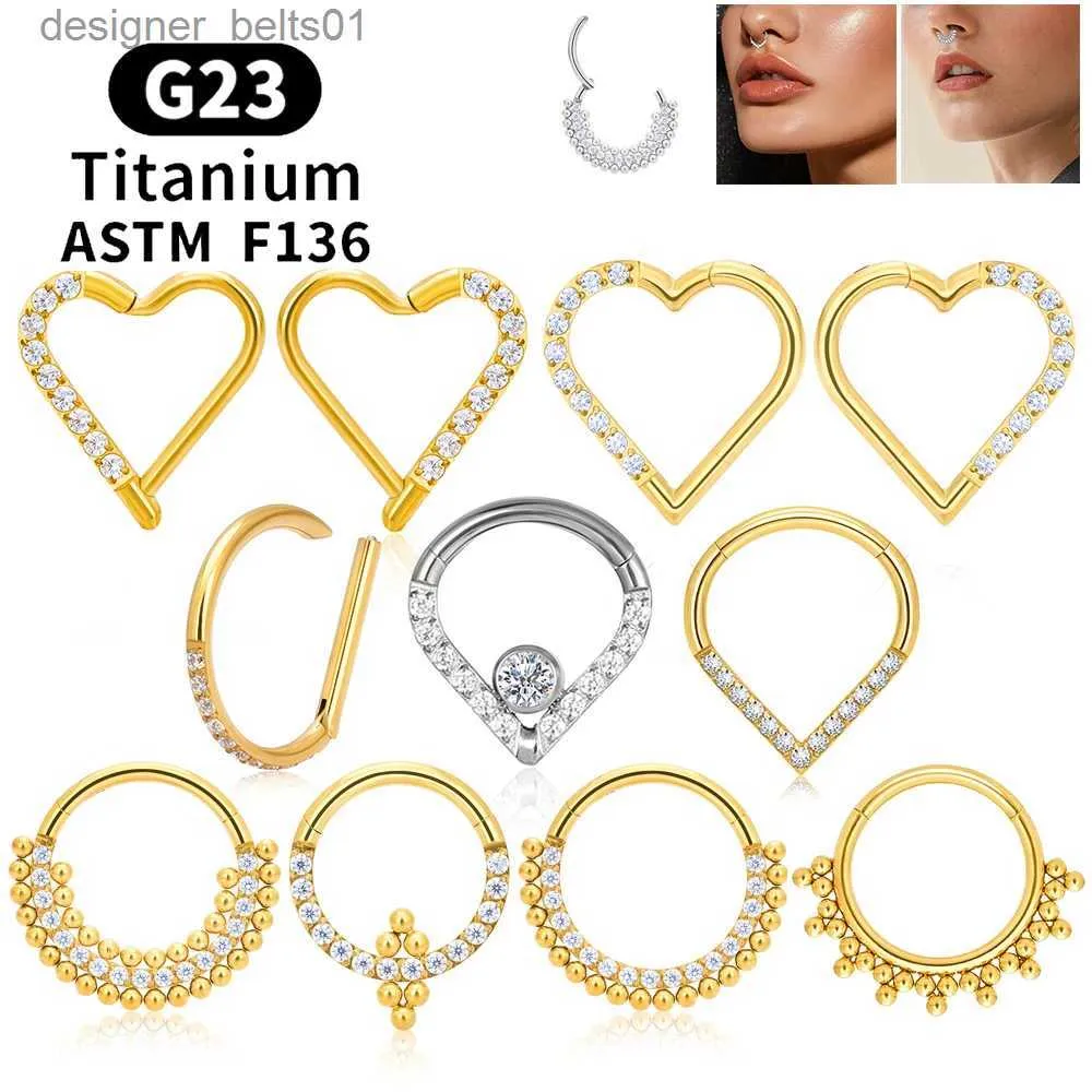 Stud G23 Titanium Round Hoop D Shape Nose Ring Daith Heart Earring 16G CZ Hinged Segment Ear Tragus Cartilage Helix Piercing JewelryL231117