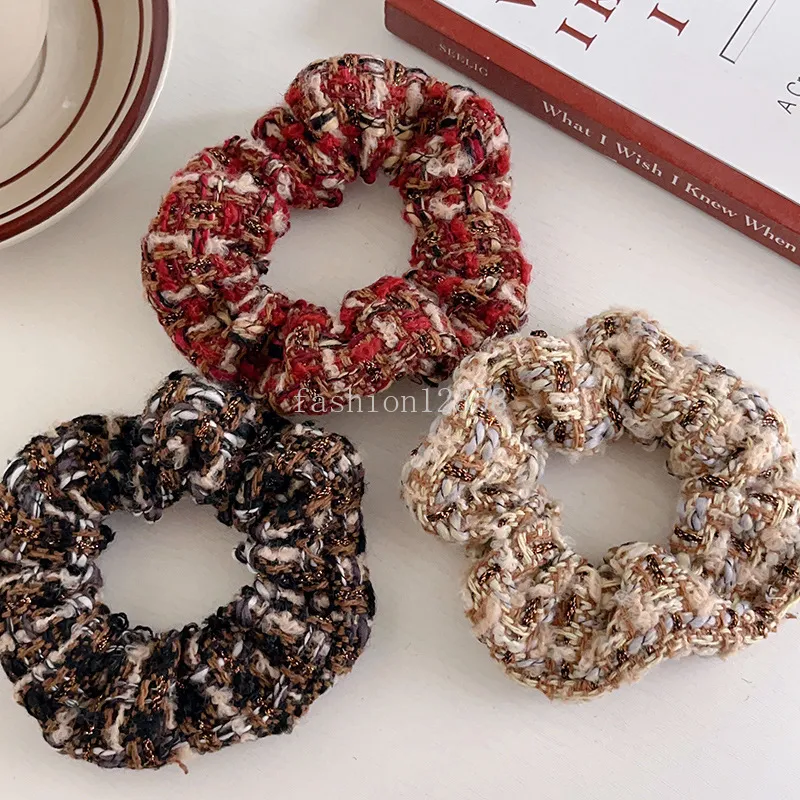 Vintage Woolen Tweed Haar Scrunchie Frauen Elegante Goldene Faden Plaid Elastische Haar Bands Mädchen Haar Krawatten Herbst Winter 2023