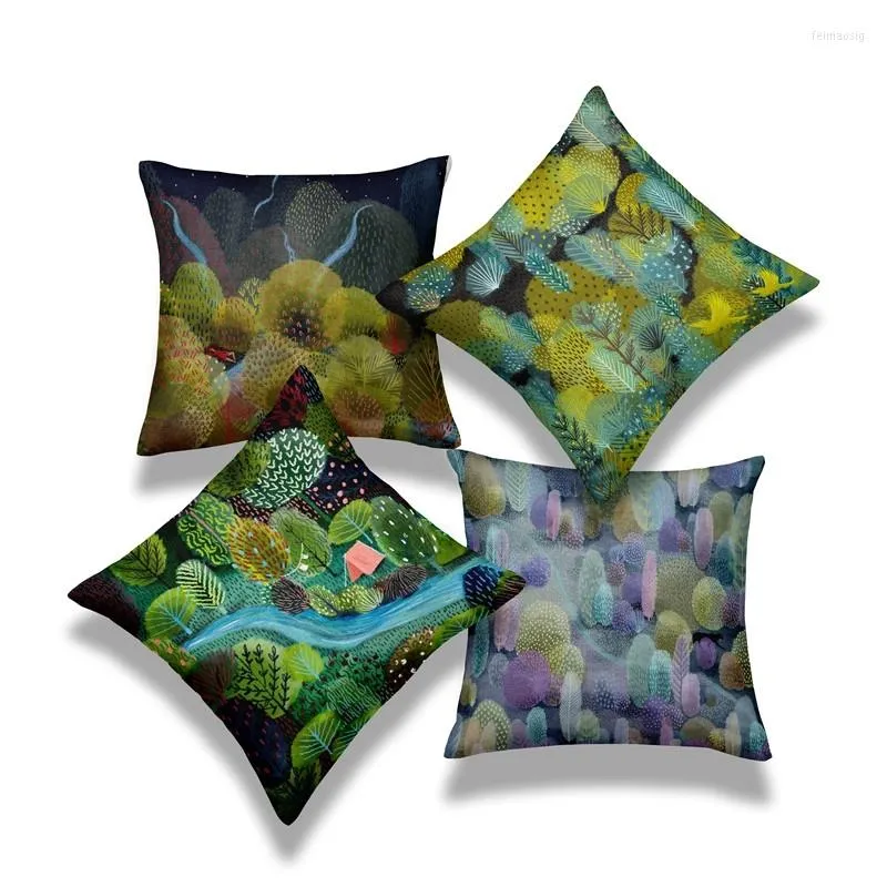 Pillow 4pcs Encrypted Linen Throw Cover Set Of 4 Dream Forest Printed Pillowcase Home Decoration Almofadas Decorativas