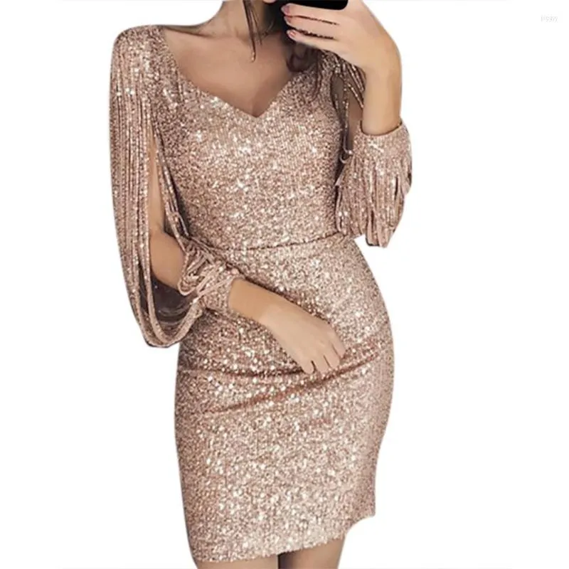 Casual Dresses Woman Party Dress Bodycon Sexy Sequin Night Shiny Tassel Sheath Glitter For Evening Robe Z0103