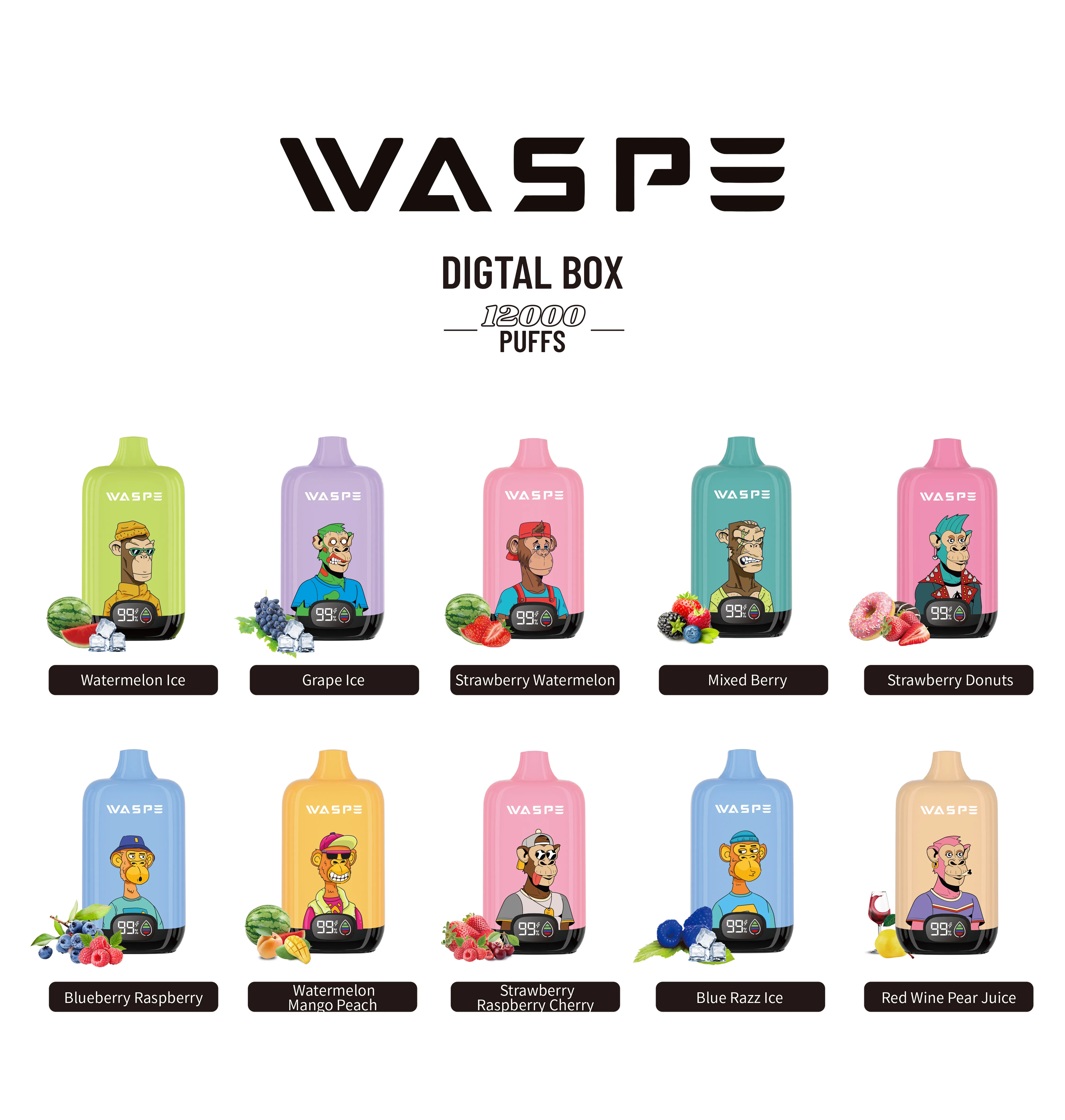 Orijinal Waspe Dijital Kutu Puf 12000 Tek Kullanımlık Vape Pod Cihaz Vapers Puflar 12K/10K şarj edilebilir E Sigara Çin Vs Fumot Bang 12000 Randm Tornado 9000 9K Puf OEM