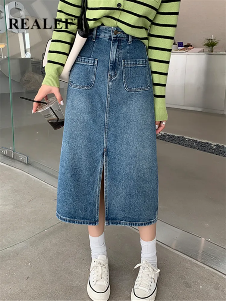 Skirts REALEFT Pockets Women's Midi Denim Skirt Front Side Split High Wasit Jeans Skirts Straight Female Pencil Skirt Summer 230417