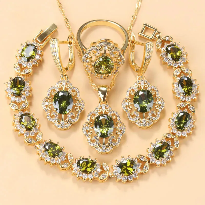 Bröllopsmycken sätter 10Colors Cubic Zirconia Women Accessories Gold Plated Olive Green Charm Armband och Ring 231116
