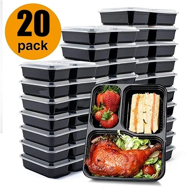 Bento Boxes 20pcs Contenitori per la preparazione dei pasti 3 scomparti Conservazione degli alimenti Pranzo sicuro per microonde con coperchio 230414