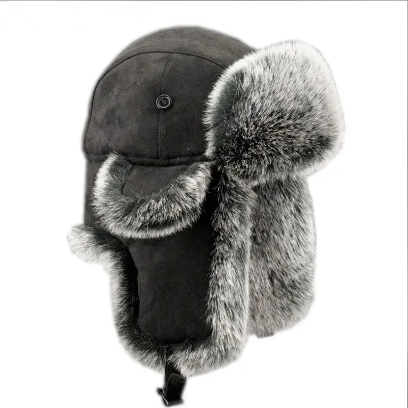 Czapki czapki czapki zima rosyjska kobieta Wholeskin Natural Rex Rabbit Fur Hats luksusowy prawdziwa skóra skóra skóra czapka unisex bomber kapelusz 231117