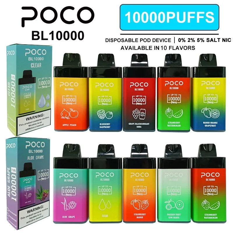 USA EU Warehouse Original 10000 puffs engångsvapet Poco BL10000 Elektronisk cigarettvape penna typ-C uppladdningsbart luftflöde justerbar 20 ml 15 Flaovrs