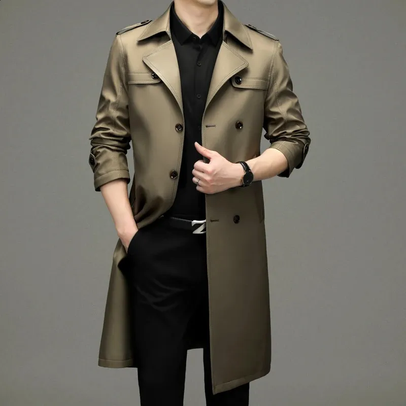 Misturas de lã masculina Highend alongado sobre o joelho terno colarinho trench coat casual trespassado outono jaqueta de meia idade quatro estações 231116