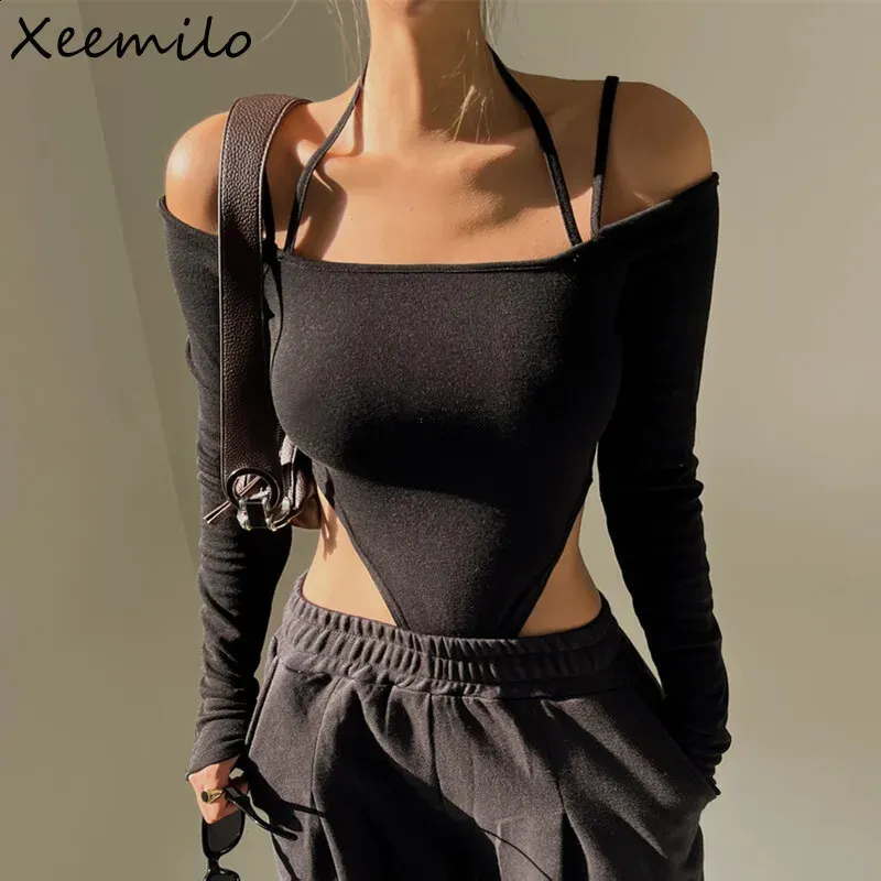 Dames jumpsuits rompertjes Xeemilo sexy off-shoulder riem strakke kleding Italiaanse riem lange mouw tshirt dames slim fit feestkleding strakke kleding 231116