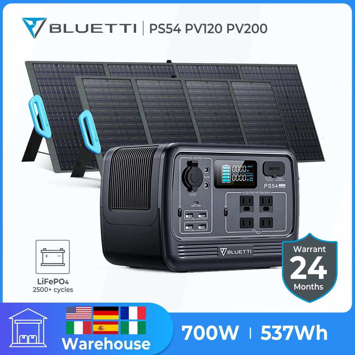 Baterias BLUETTI PS54 700W 537Wh Estação de energia portátil LiFePO4 Bateria Gerador solar PV120 PV200 120W 200W Placa de painel 231117
