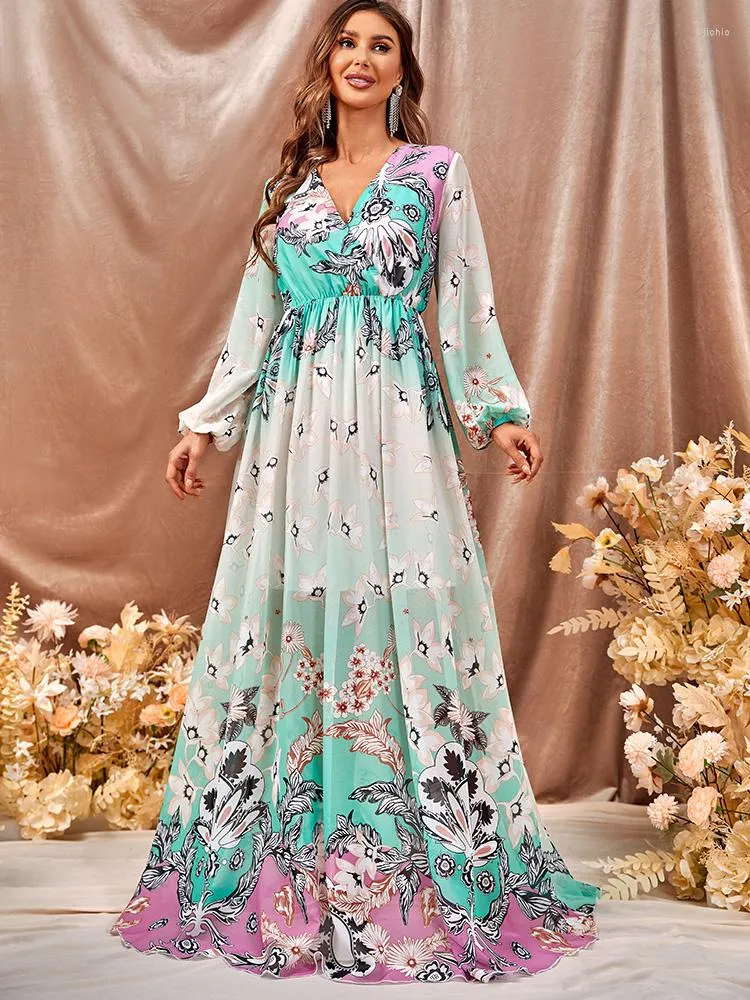 Casual Dresses TOLEEN Women Elegant Maxi 2023 Summer Vintage V-Neck Long Sleeve Print Slim Turkey Evening Party Robe Vestido