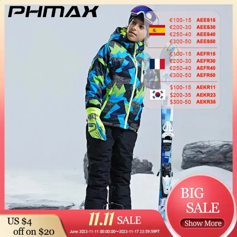 Ternos de esqui PHMAX Quente À Prova D 'Água Crianças Jaqueta de Esqui Crianças Macacão de Esqui Inverno Jaqueta de Snowboard Meninos e Meninas Calças de Neve Ao Ar Livre Ternos 231116