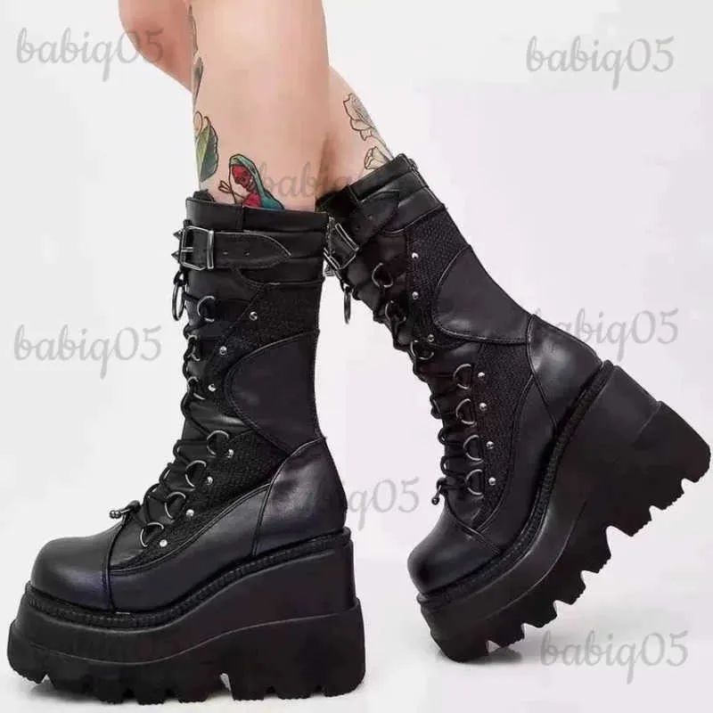 Stivali invernali Stivali caldi da donna nuovi Moda Punk antiscivolo Scarpe da donna con plateau Cerniera posteriore Stivali con zeppa gotici Zapatos De Mujer T231117