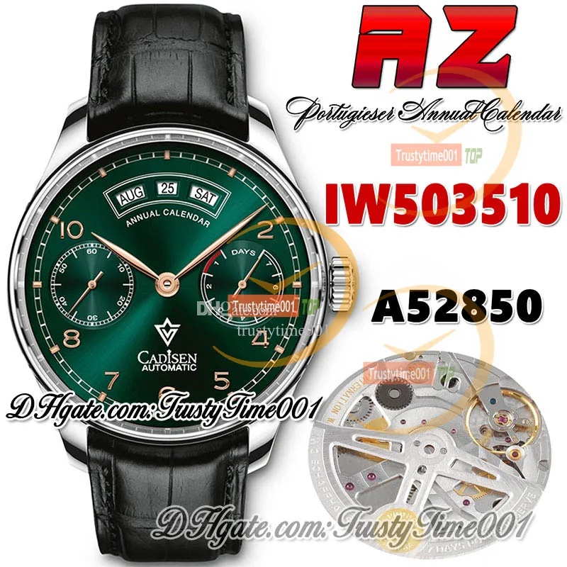 AZF az503510 Мужские часы с годовым календарем Power Reserve A52850 Автоматический зеленый циферблат с золотыми маркерами Стальной корпус Коричневый кожаный ремешок Super Edition Trustytime001Часы