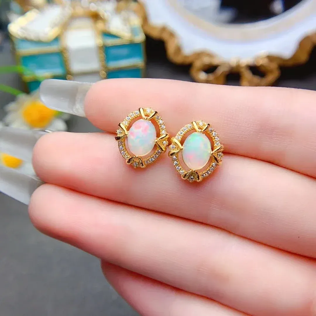 Multi Color Opal Stud Earrings 7mmx9mm Natural Australia Opal Earrings Anti Allergy 18K Gold Plating 925 Silver Gemstone Jewelry