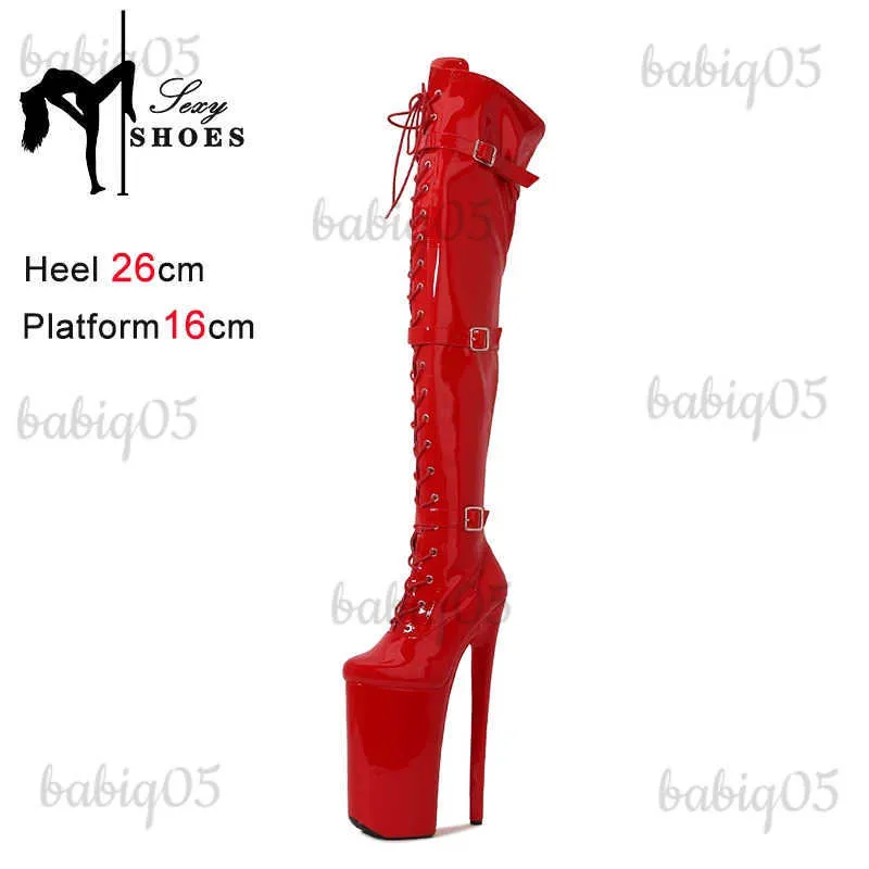 Boots Nightclub Gothic Platform Women Shoes Pole Dancing Boots 26CM High Sexy Stripper Red Over The Knee High Heels Three Belt Buckle T231117