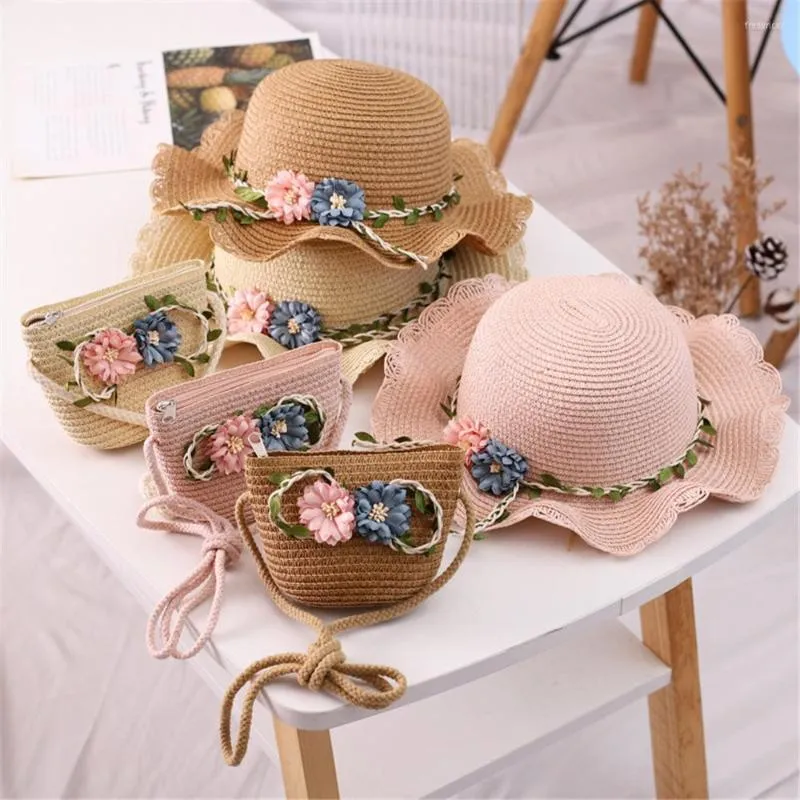 Cappelli a tesa larga Casual Toddler Baby Paglia Tessitura Sun Beach Borsa a tracolla Ragazze Summer Hat Flower Parasole Caps