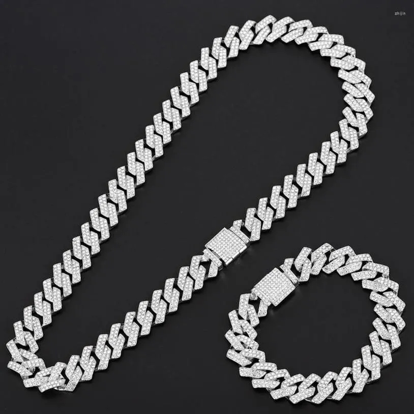 Ketten 15mm Miami Prong Cuban Chain Link Silber Farbe Halsketten 2 Reihe Voll Iced Out Strass Armband Set für Herren Hip Hop285N