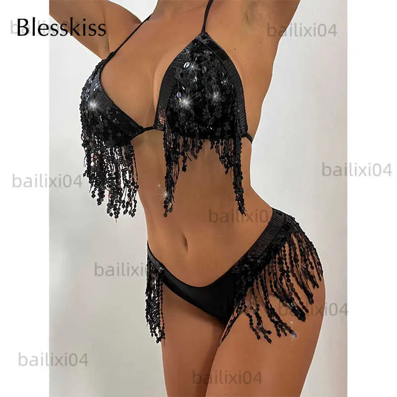 Dames Swimwear Blesskiss Glitter Fringed Bikini 2023 Women Swimwear Sexy Micro String Bikini Set Beach Party Cosplay Beachwear Bathing Suit T230417