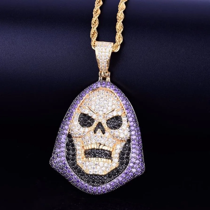 Hoody Skull Purple Stone Pendant Halsband Personlighetskedja Guld Silver Iced Out Cubic Zirconia Hip Hop Rock Jewelry2553