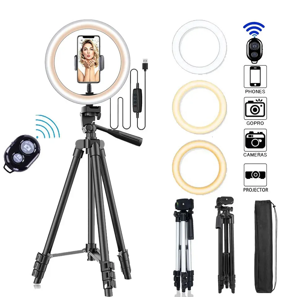 Flash Heads 26cm Po Ringlight LED Selfie Ring Light Telefone Controle Remoto Lâmpada P Ografia Iluminação com Tripé Stand Holder Vídeo 231117