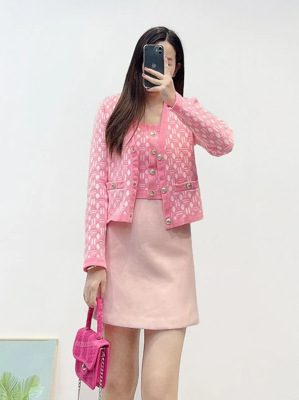 Jackets femininos Maje Woman's Pink Jacquard Cardigan | Tamanho S-l